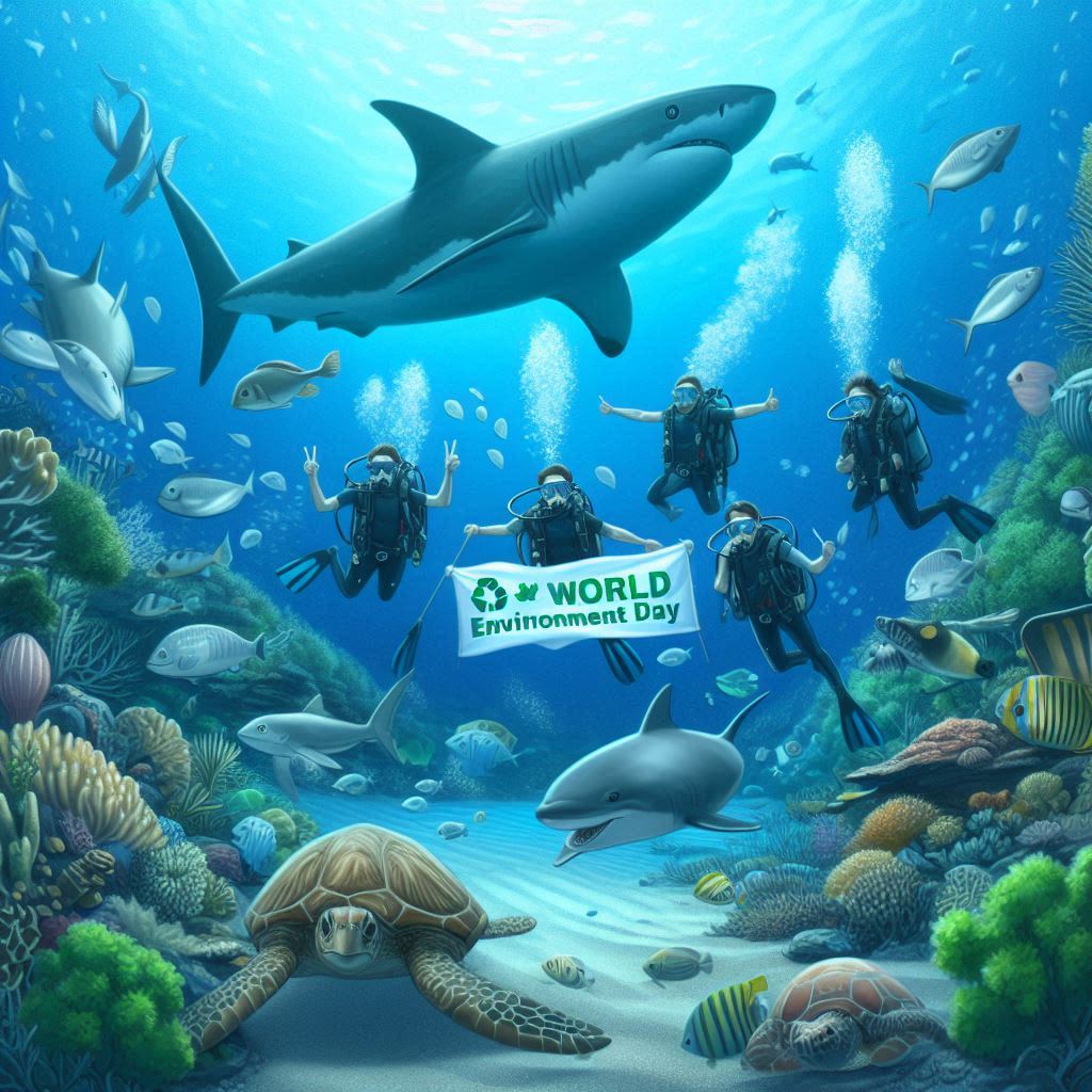 Mergulhadores e tubarões comemorando o dia mundial do meio ambiente