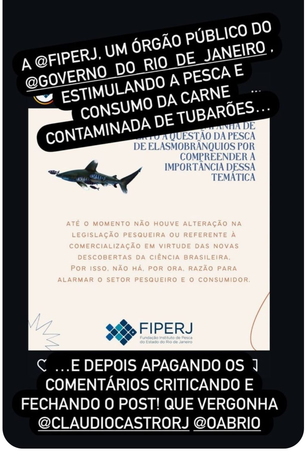 Postagem da Fiperj nas mídias sociais, logo em seguida apagada.